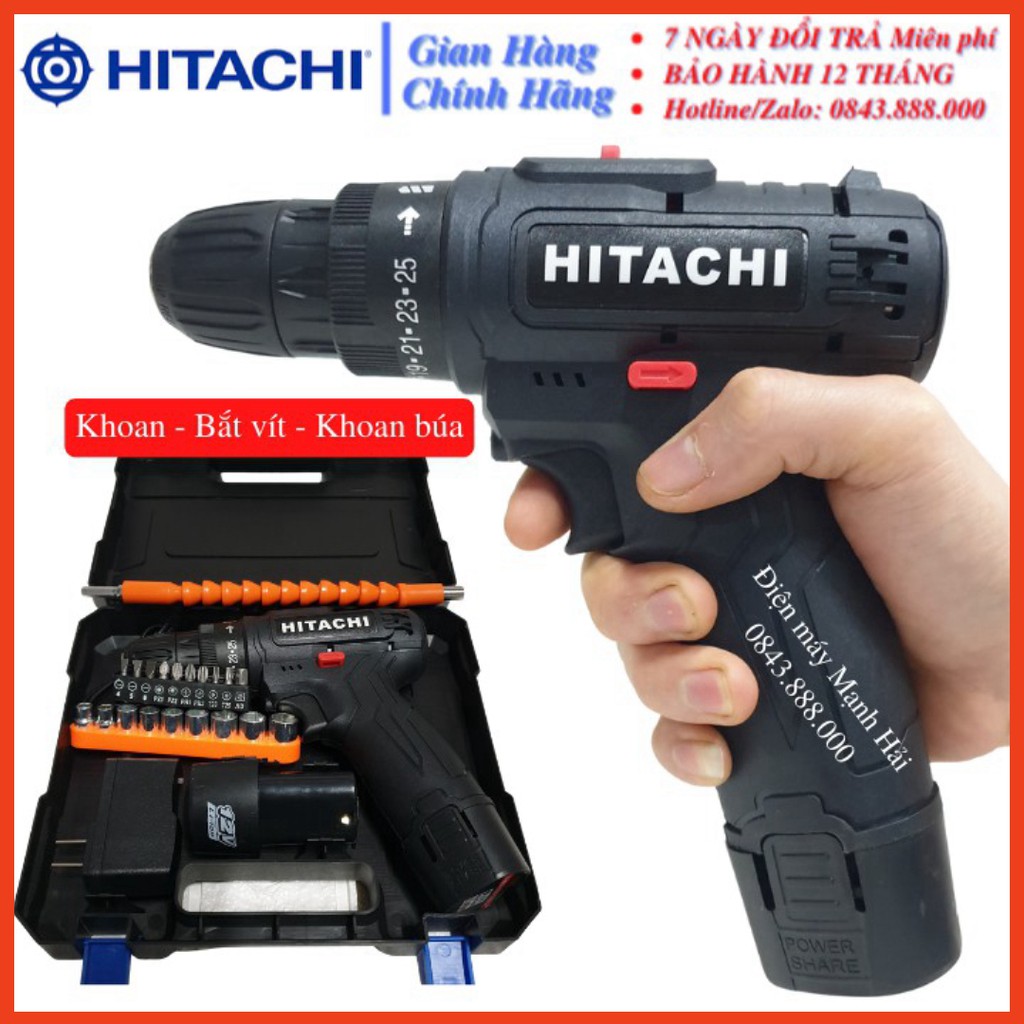 [CHÍNH HÃNG] Máy khoan pin HITACHI 12V, Bắn Vít, Vặn vít - Khoan cầm tay 2 cấp tốc độ, 100% đồng, Siêu bền, Có Đèn