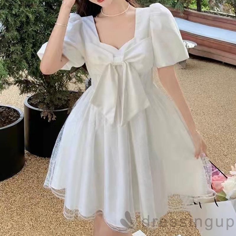DRE-Ladies Casual Short Dress, Sweet Style Solid Color Square Collar Mesh Splicing Puff Short Sleeve Bow Dress