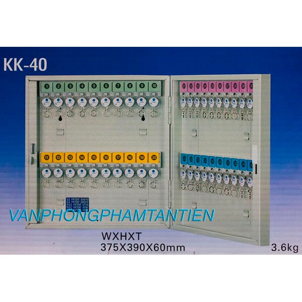 Tủ móc chìa khóa K40 chứa 40 móc được đánh số thứ tự, kèm sẵn 40 móc chìa khóa