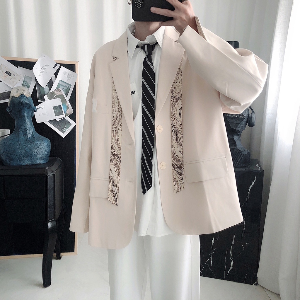 Áo Khoác Vest Tay Dài Dáng Rộng Phối Cà Vạt Kiểu Preppy Cá Tính Cho Nam