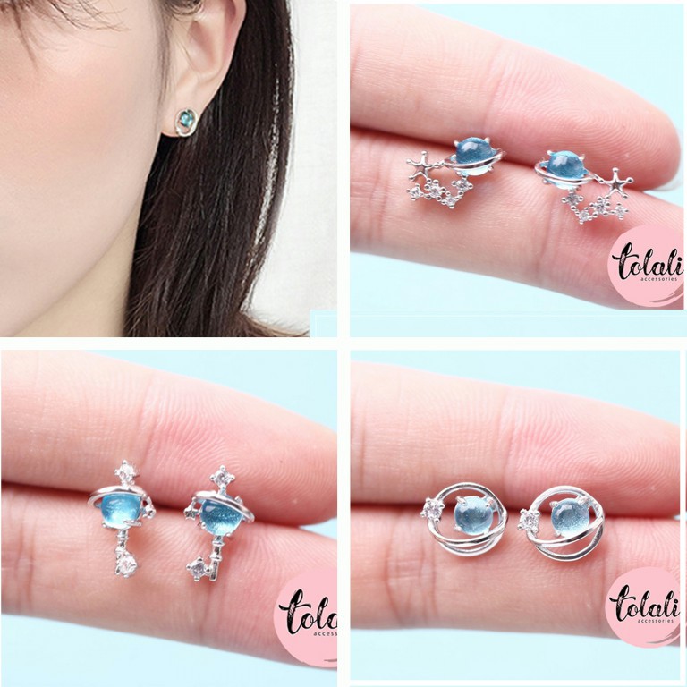 Khuyên KẸP và xỏ tai TINH CẦU VŨ TRỤ Blue Star Zircon ĐÁNG YÊU Hàn Quốc thời trang ngọt ngào - Bông tai nữ Đẹp KT008