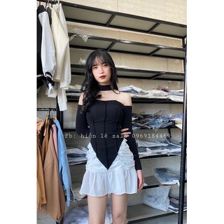 Áo croptop gân tay dài vạt yếm chocker