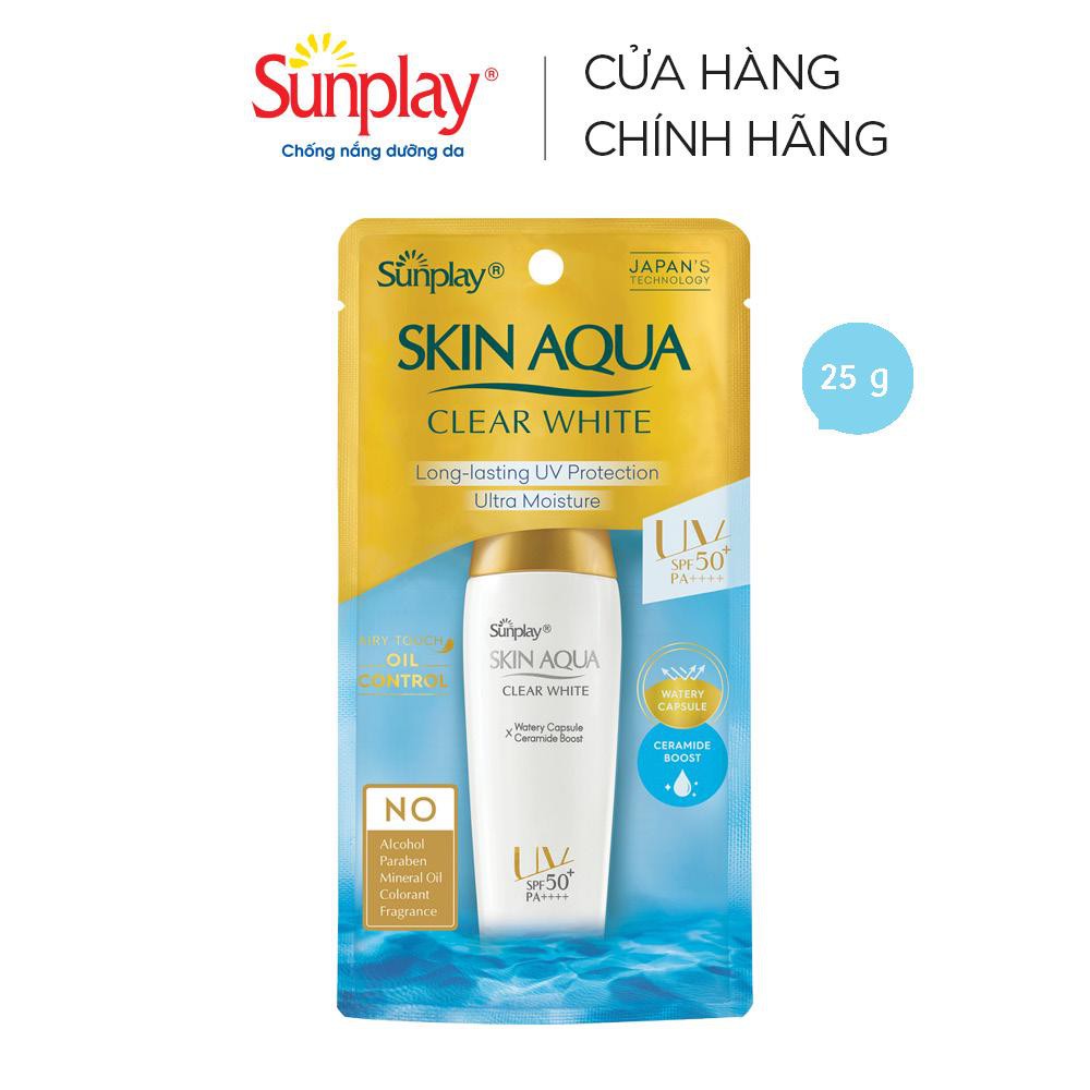 Kem chống nắng nắp vàng Sunplay Skin Aqua Clear White SPF 50+, PA++++ 25g và 55g dưỡng trắng dành cho dầu