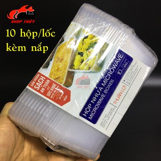 Hộp nhựa đựng thực phẩm chữ nhật 650ml-10 hộp nhựa Microwave kèm nắp TN87 dùng được trong lò vi sóng.