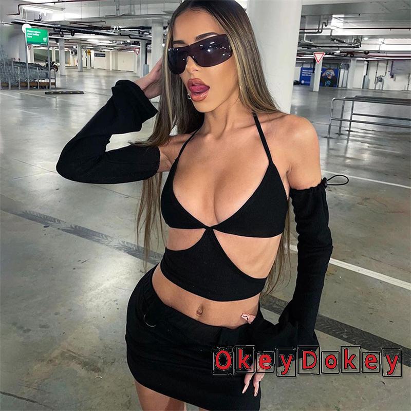 OKDK-Women Sexy Lacing Halterneck Backless Camisole with Sleeves Summer Clubwear