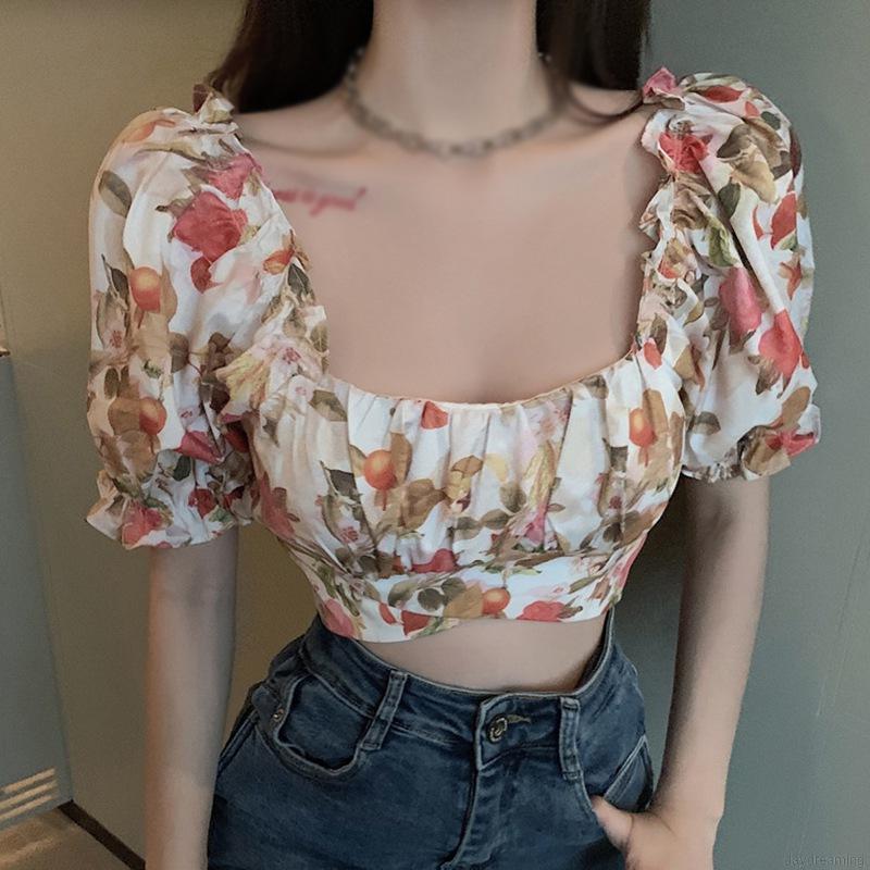 Áo croptop cổ vuông ngắn tay in hoa gợi cảm cho nữ