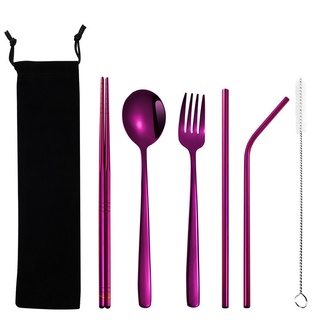 Bộ Muỗng Đũa Ống Hút Bằng Thép Không Gỉ 7 Trong 1 Tái Sử Dụng Được Kèm Túi Đựng