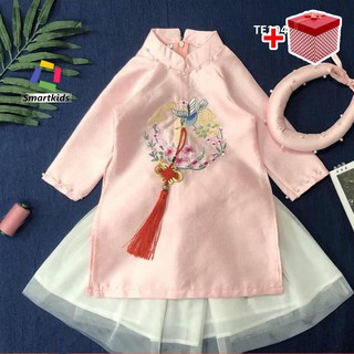 Áo dài cho bé gái, Áo dài cách tân Khánh Ngọc Smartkids kèm mấn đính ngọc màu hồng TE1941