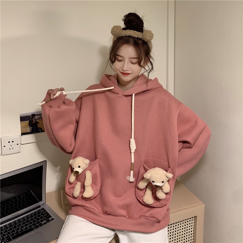 Áo hoodie gấu có mũ trùm đầu dễ thương thu đông phong cách hàn quốc