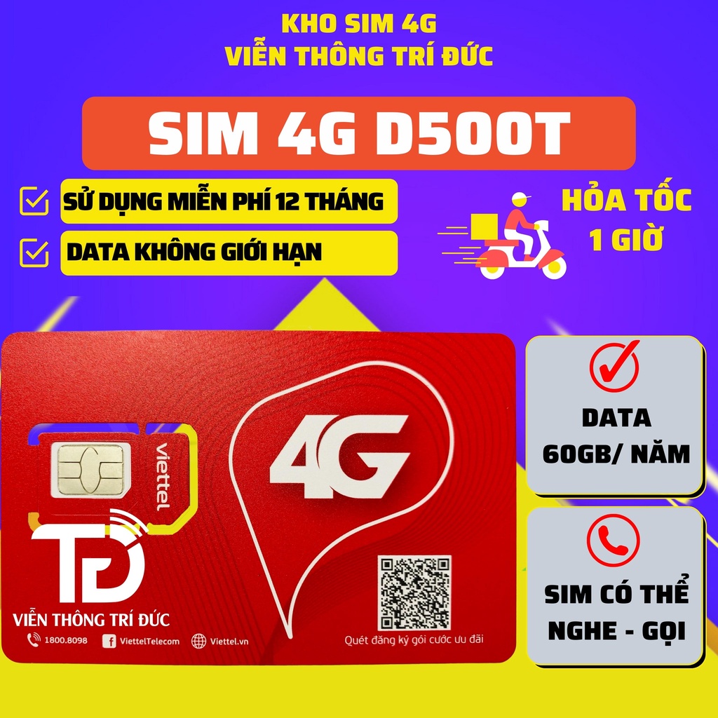 Sim 4G D500 [60Gb] Viettel/ Vina - Sim Lên Mạng 1 Năm, Data Không Giới Hạn, Không Phí Duy Trì - Viễn Thông Trí Đức