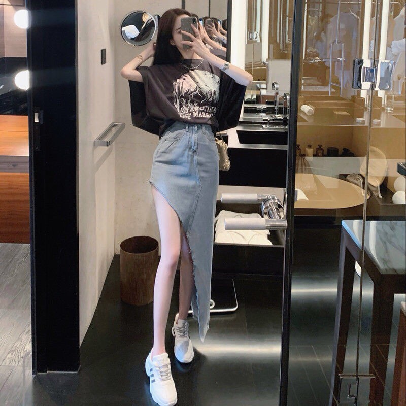 Chân Váy Bò Dáng Dài Thiết Kế Độc Đáo/ Váy Bò Xanh Ins Eo Cao Hở Đùi Sexy Cá Tính V00147 | BigBuy360 - bigbuy360.vn