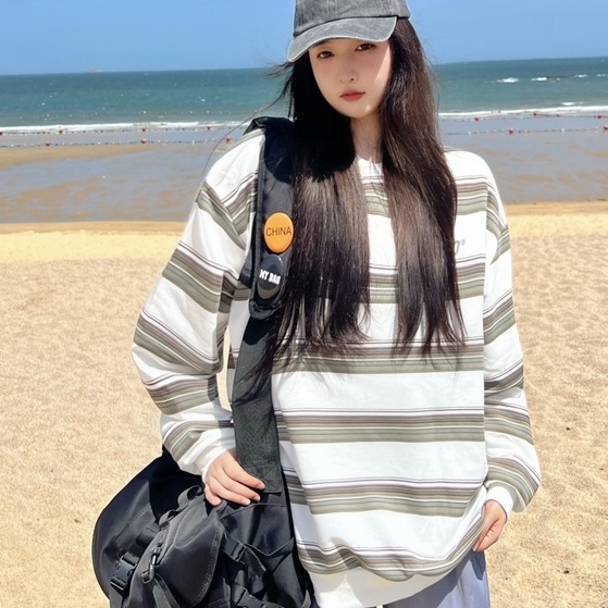 ZHELIHANGFEI Áo Thun Tay Dài Họa Tiết Sọc Theo Phong Cách Retro Mỹ