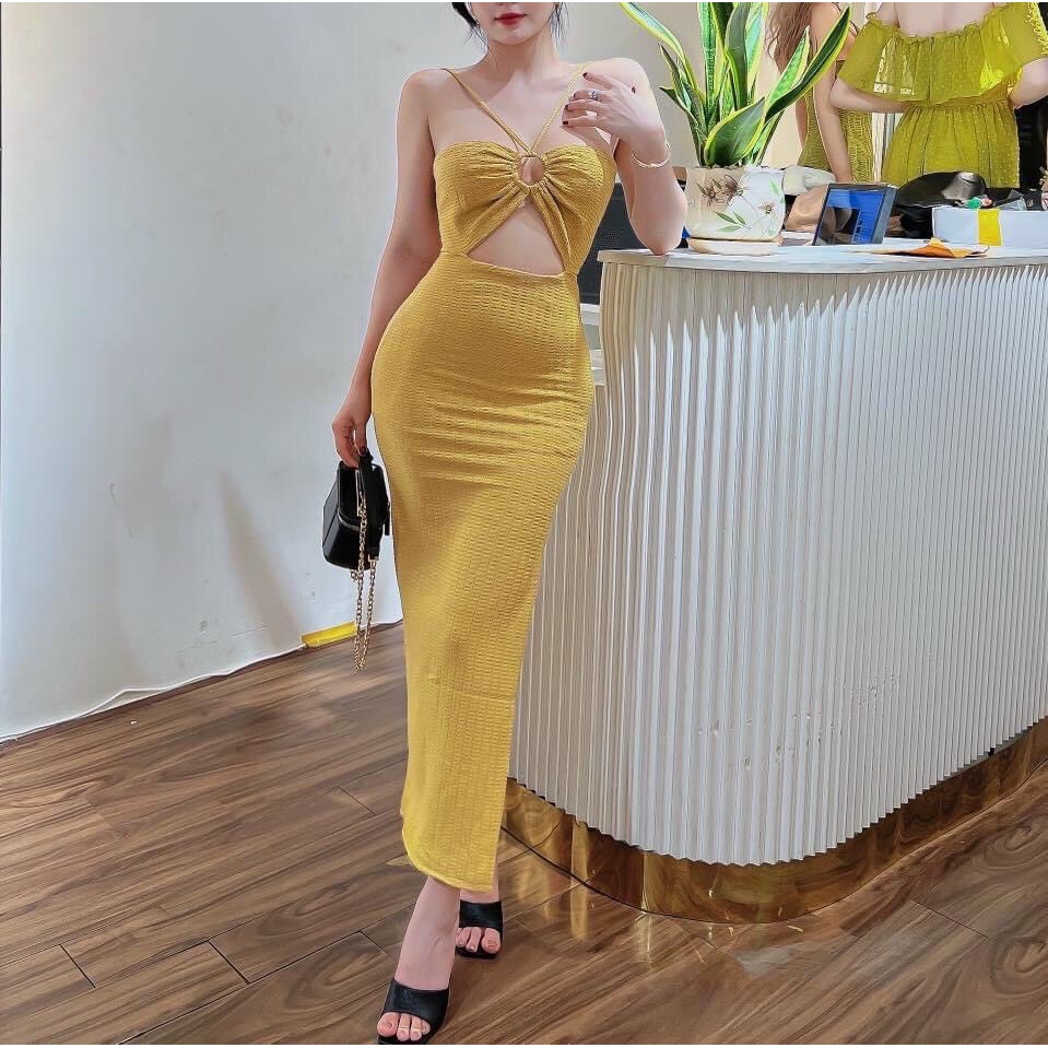 Đầm kiểu ôm body 2 dây chéo ngực khoen sexy dáng dài có mút cực xinh , chất thun gân mềm mịn ly alohashop91