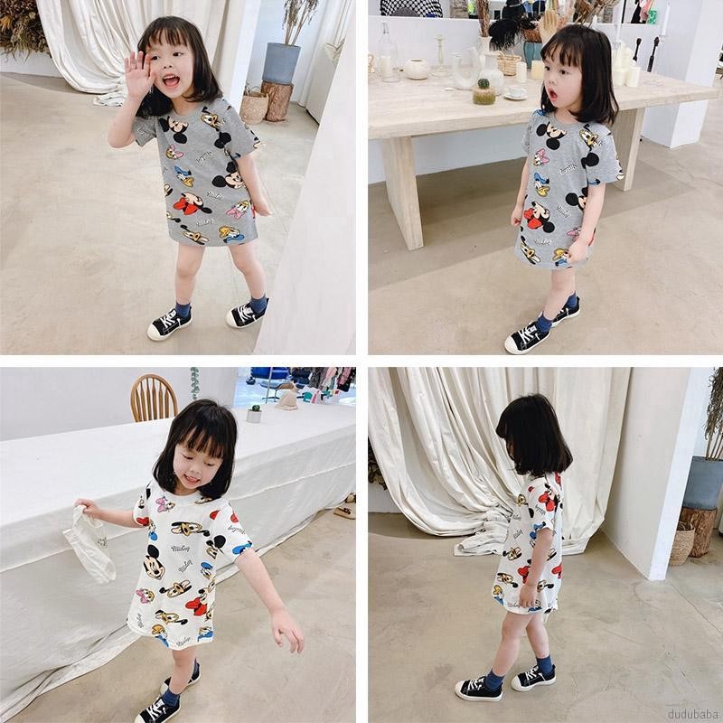 Đầm thun tay ngắn dáng suông cổ tròn họa tiết hoạt hình màu trơn cho bé gái