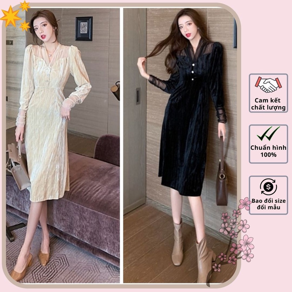 HÀNG NHẬP - ĐẦM SUÔNG NHUNG PHỐI LƯỚI TAY DÀI SIÊU XINH - D122304