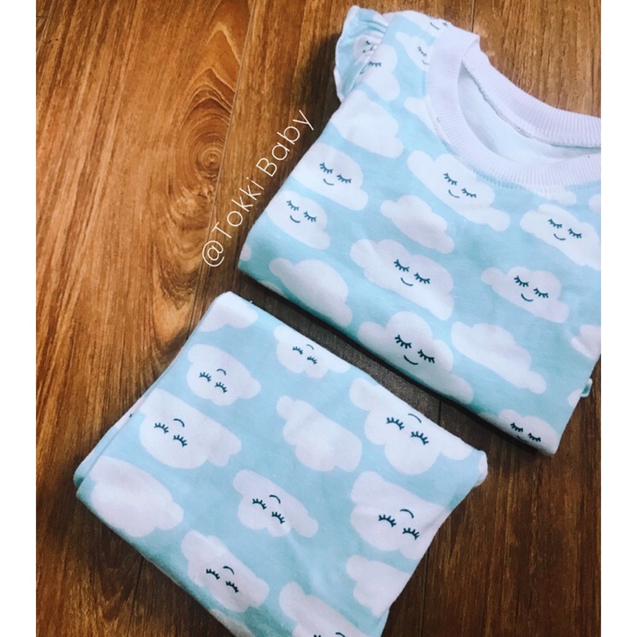 Bộ thu đông cotton cho bé gái hình đám mây xanh