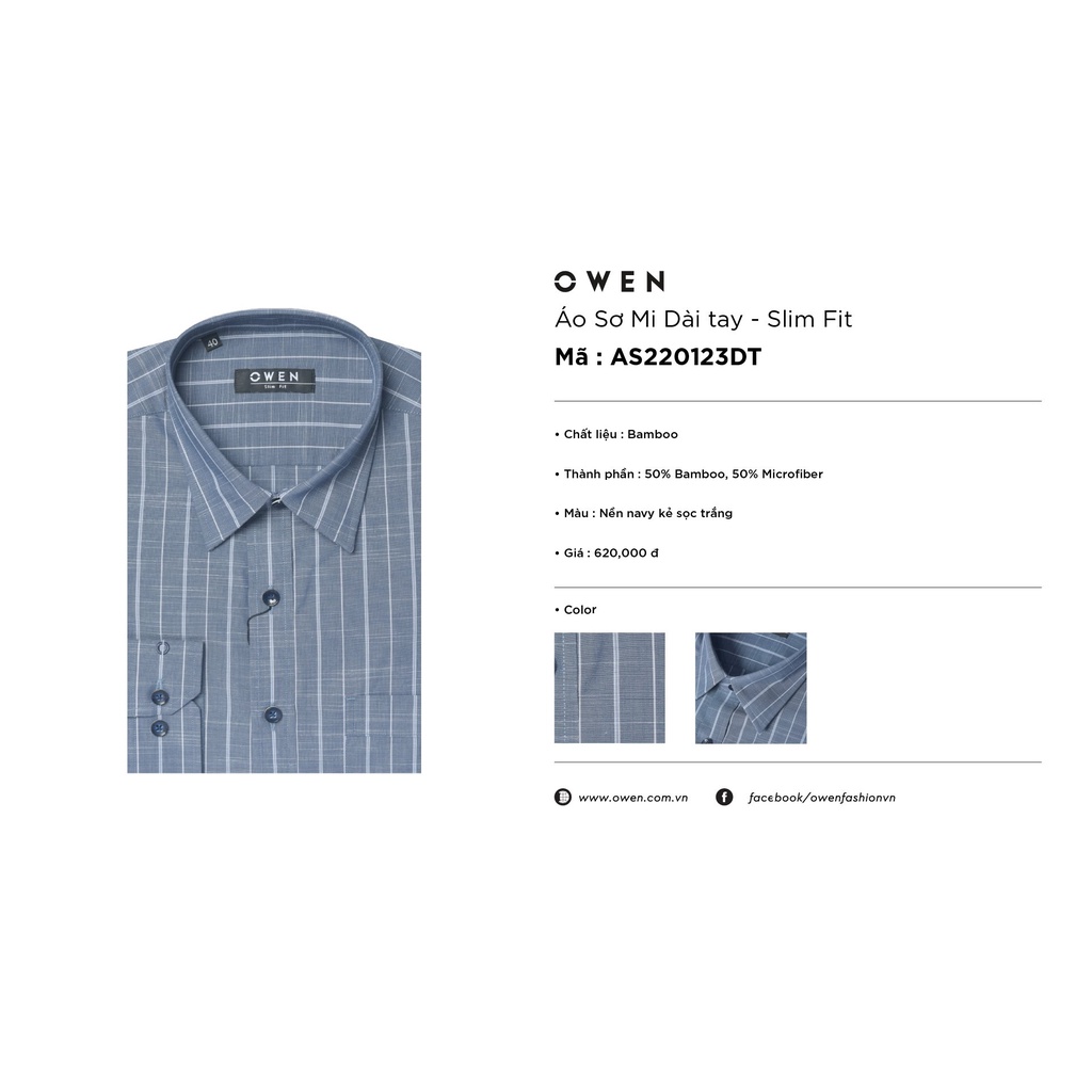 Áo Sơ Mi Nam Dài Tay OWEN AS220123DT Somi Công Sở Vải Sợi Tre Cao Cấp Màu Navy Kẻ Sọc Trắng Dáng Ôm Tà Lượn Có Túi