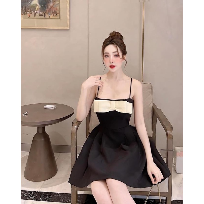 Váy 2 Dây Dáng Xòe Xếp Ly Nơ Ngực Chất Tuyết Mưa Cao Cấp