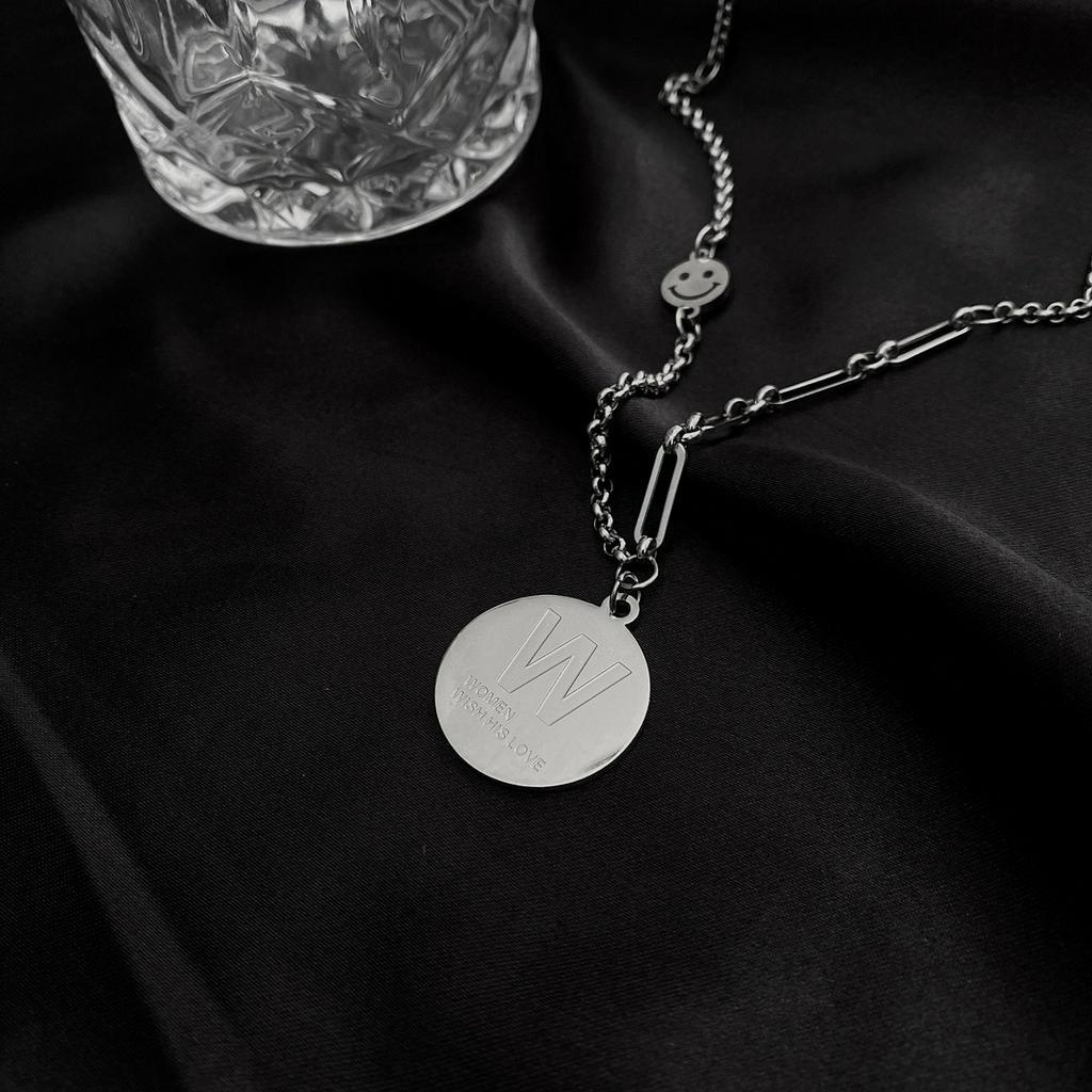 Dây Chuyền Thép Titan Mặt Tròn Khắc Chữ W 23583 Phong Cách Hip Hop Đơn Giản Thời Trang Cho Nam Và Nữ