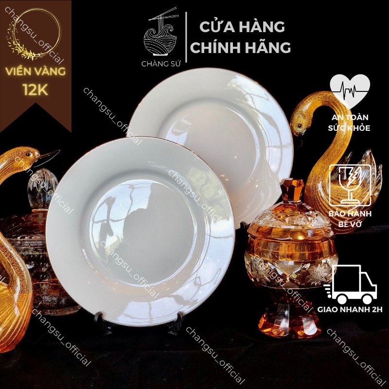 Bộ bát đĩa viền vàng thật 12k chất lượng cao - Set bát dĩa 14 món sứ Minh Châu siêu sang