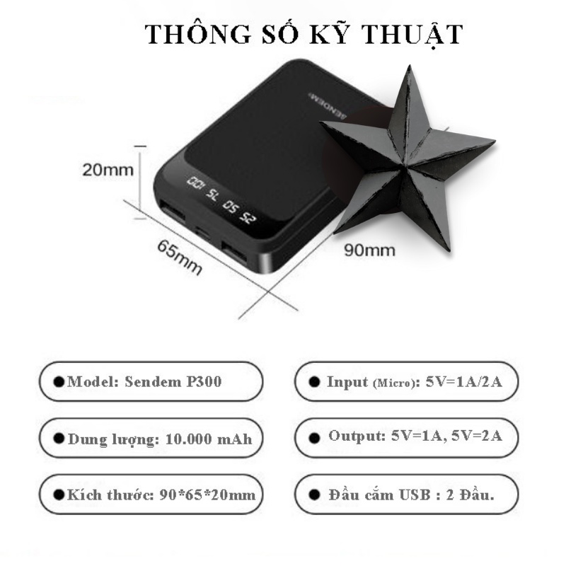 Sạc Dự Phòng Mini Cầm Tay Sendem P300 Chính Hãng Dung Lượng 10000mah, Thiết Kế Nhỏ Gọn Tiện Dụng Nhiều Màu/Max giá rẻ