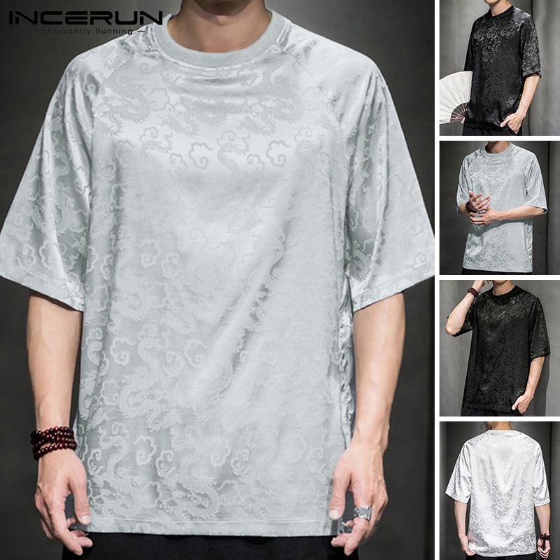 Áo thun nam INCERUN dáng rộng tay ngắn in họa tiết rồng phong cách Trung Hoa retro