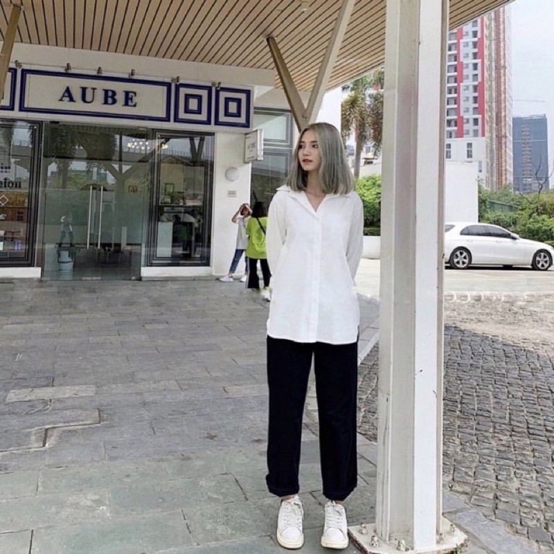 Áo sơ mi tay dài trơn đen trắng basic unisex có size