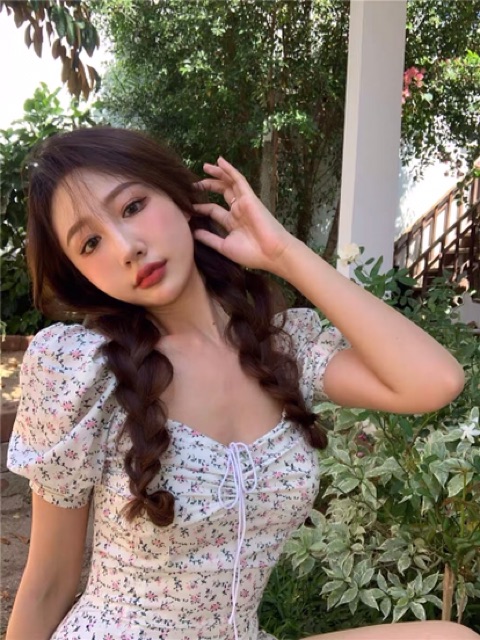 Váy hoa nhí body tay bồng / Đầm vintage body