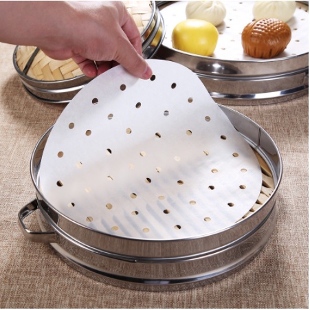 Giấy nến đục lỗ tệp 100 tờ, giấy nến nồi chiên không dầu size 20cm, giấy thấm dầu ăn lót xửng hấp