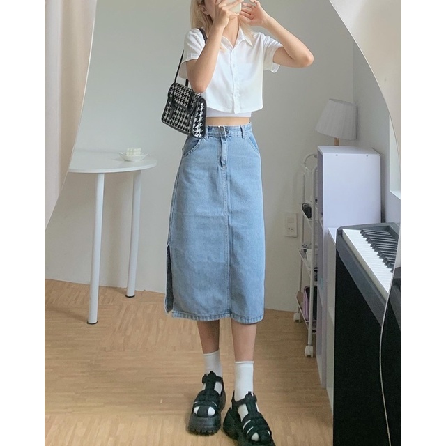 Chân váy jeans basic nhạt có xẻ