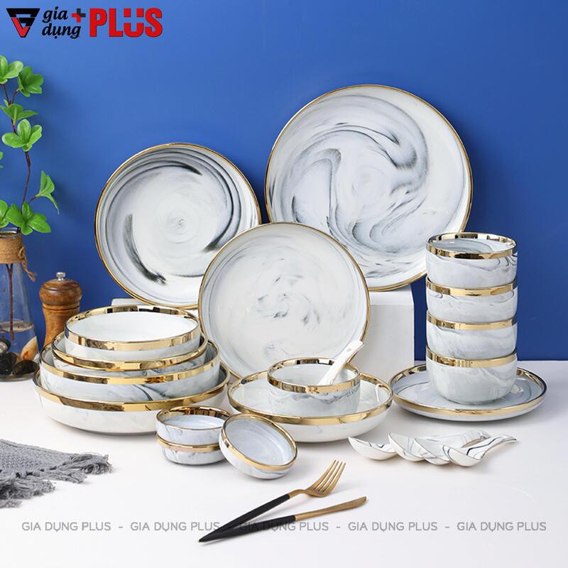 Set đồ ăn sứ màu trắng vân đá, viền vàng phong cách Bắc Âu (kèm hộp quà)