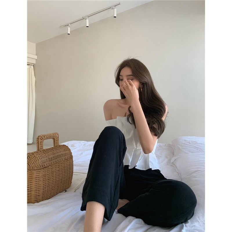 Áo ống ngắn màu đen không dây xếp ly thời trang cao cấp