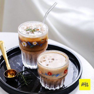 Cốc thủy tinh - họa tiết hoa cúc, hoa linh lan - phong cách Hàn Quốc