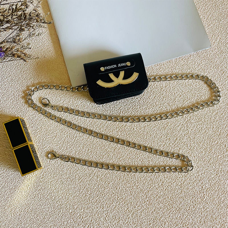 Túi Đeo Hông Mini Màu Đen Phối Dây Xích Kim Loại Phong Cách Chanel Thời Trang Cho Nữ