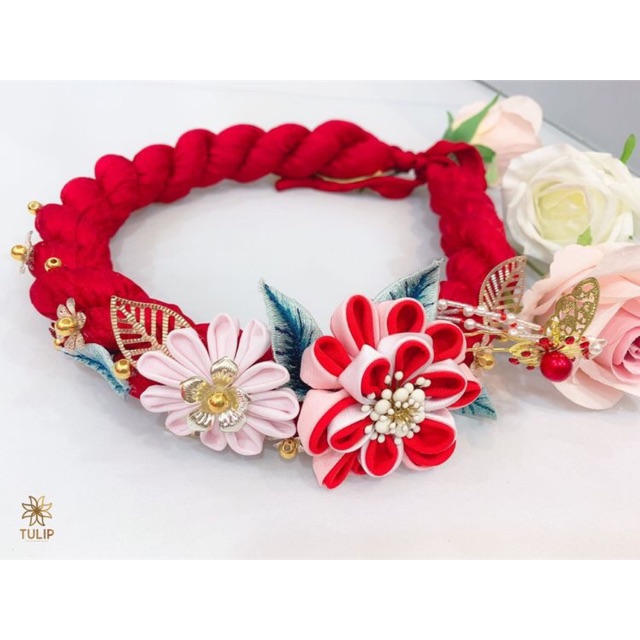 Mấn cô dâu đính hoa kanzashi kèm châm cài