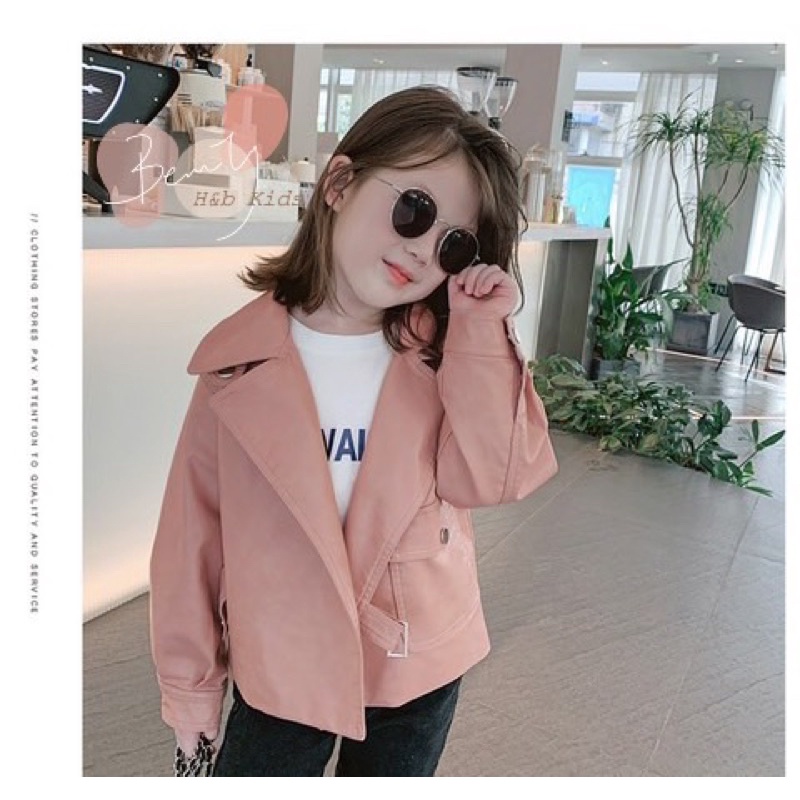 Áo khoác da hồng đen bé gái