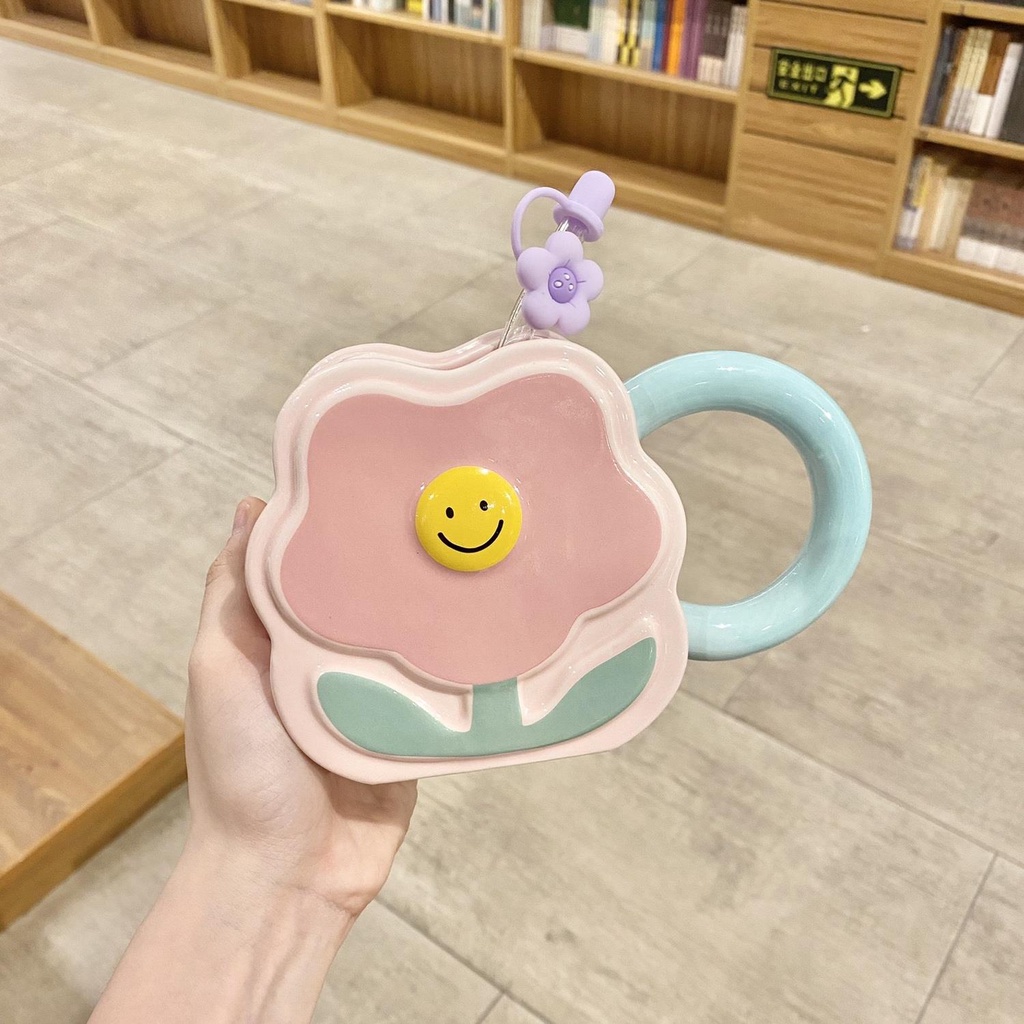 Cốc Uống Nước Bằng Gốm Sứ Có Ống Hút In Họa Tiết Hoa Dễ Thương