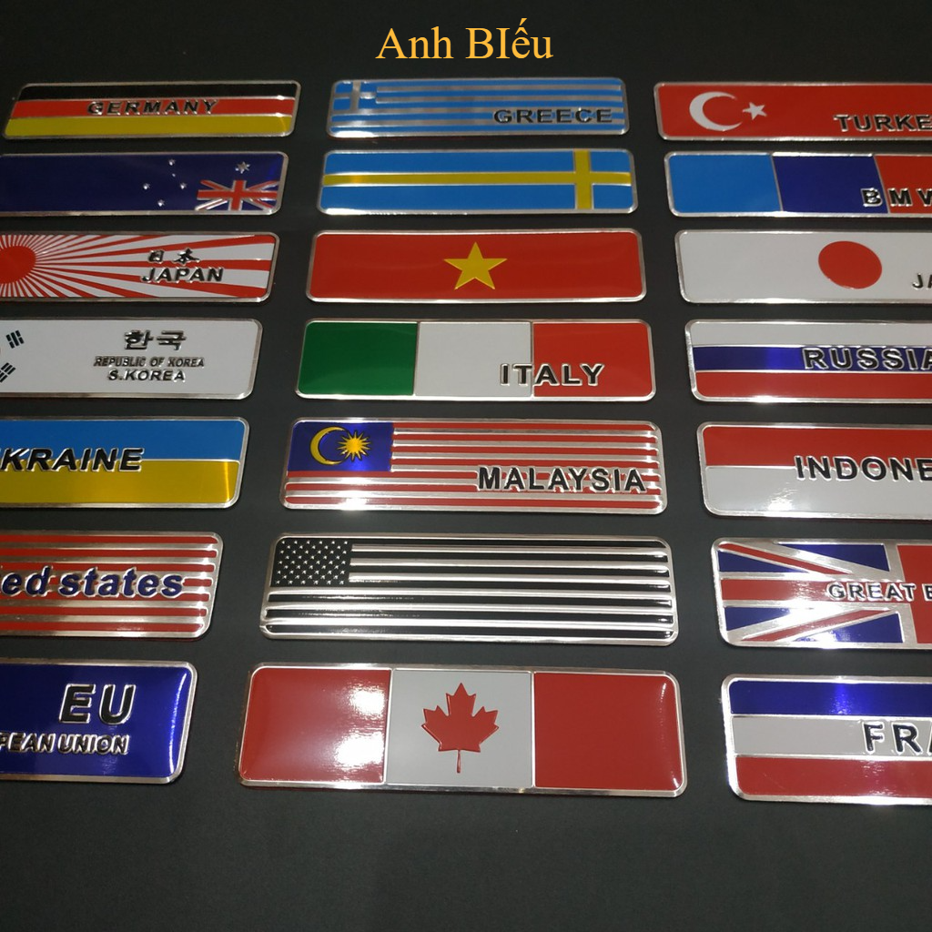 Tem nhôm cờ các nước 10.4x2.9cm Anh Pháp Đức Mỹ Ý Việt Nam Hàn Nhật....