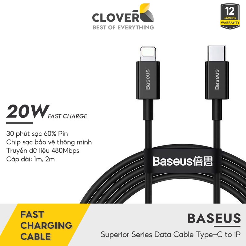 Dây Sạc 20W Baseus Superior CloverB Dây TPE Độ Bền Cao Sạc Nhanh Ổn Định Chống Đứt Gãy Dài 1m 2m Cho iP 11 12 13 Pro Max