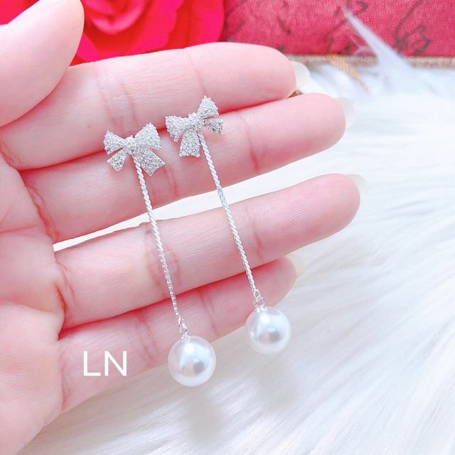 Bông tai nơ tua trai đính đá cách điệu , chuẩn bạc ta - THJ SLIVER