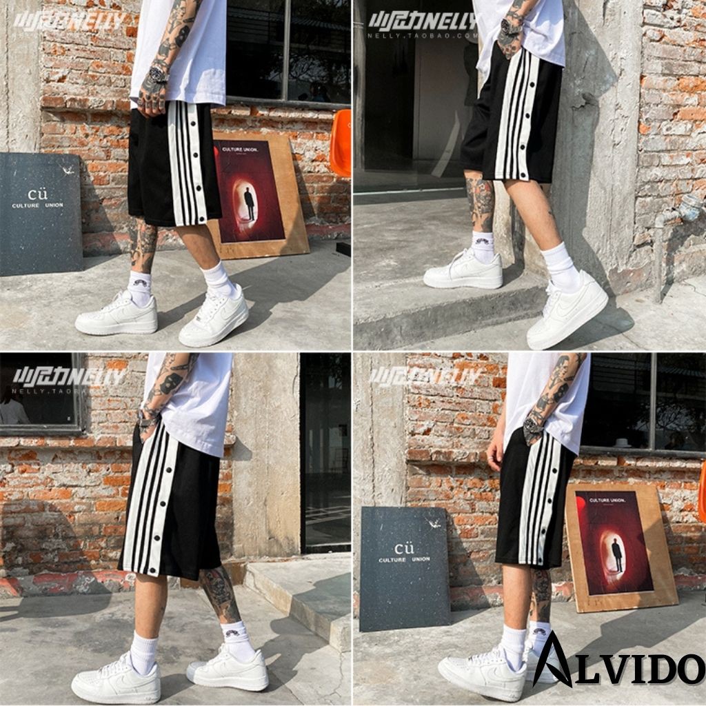 Quần short nam ALVIDO quần đùi nam phối ba sọc thể thao Basic nam nữ Oversize mùa hè phong cách đường phố Hàn Quốc QS309