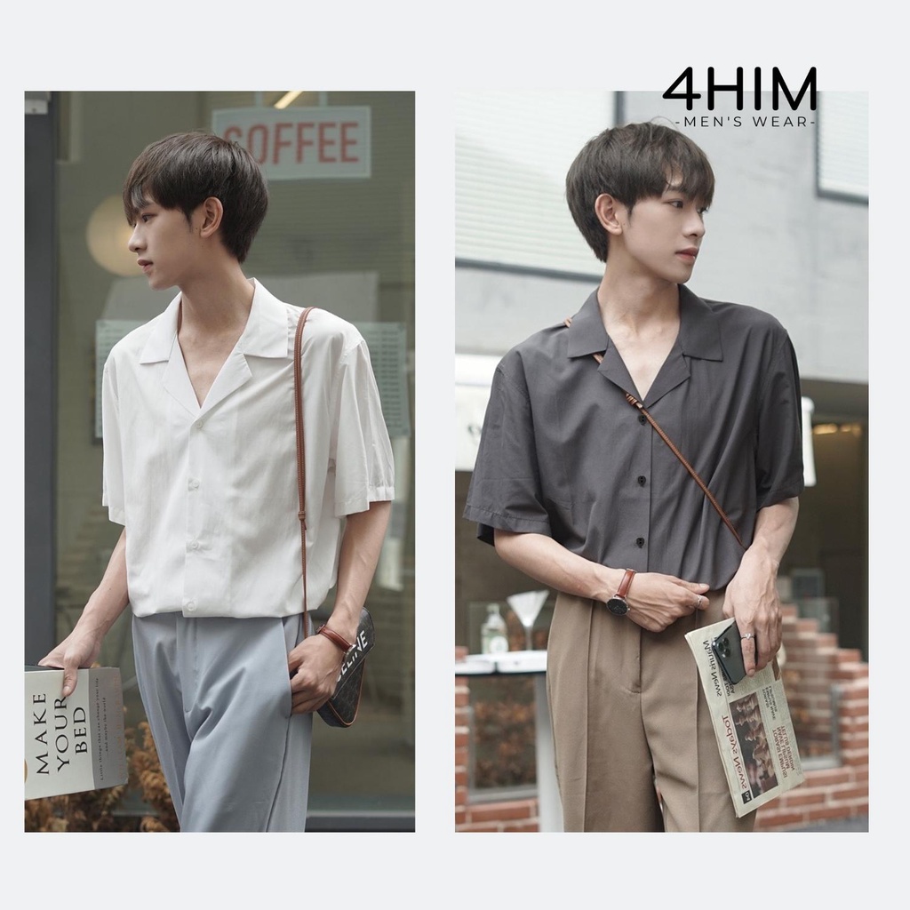 ÁO SƠ MI TRẮNG ĐEN CỔ VEST NGẮN TAY FORM RỘNG 4Him sơ mi cổ vest unisex tay lỡ, chất vải lụa mịn mềm mại