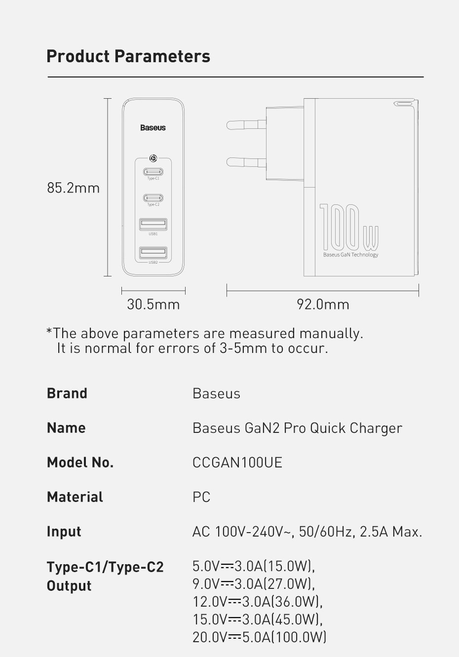 Củ Sạc Nhanh Baseus 100W Gan USB Type C PD QC 4.0 3.0 USB-C Cho Iphone 12 Pro Max Macbook