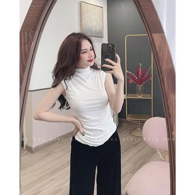 áo ba lỗ nữ rúm vai sườn cổ cao tặng kèm tag