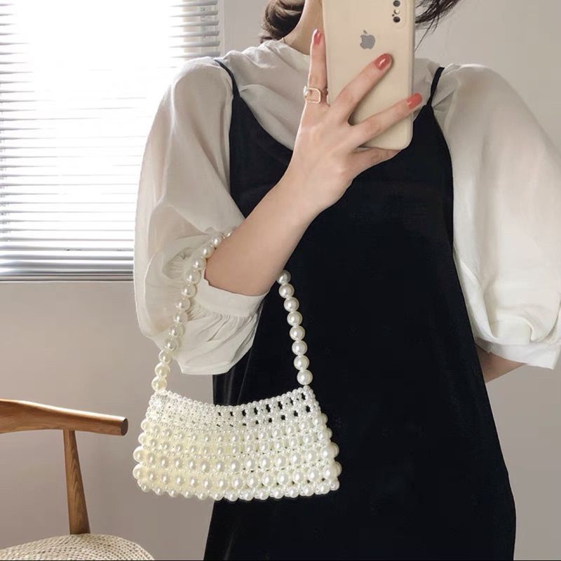 Túi xách tay/ kẹp nách kết hạt cườm giả ngọc trai handmade dễ thương
