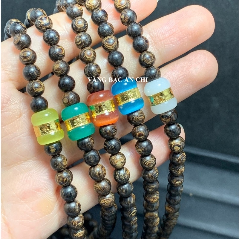 Vòng tay trầm hương sánh chìm 108 hạt nhỏ 6li mix lu thống đá mã não phong thuỷ. Anchi jewelry