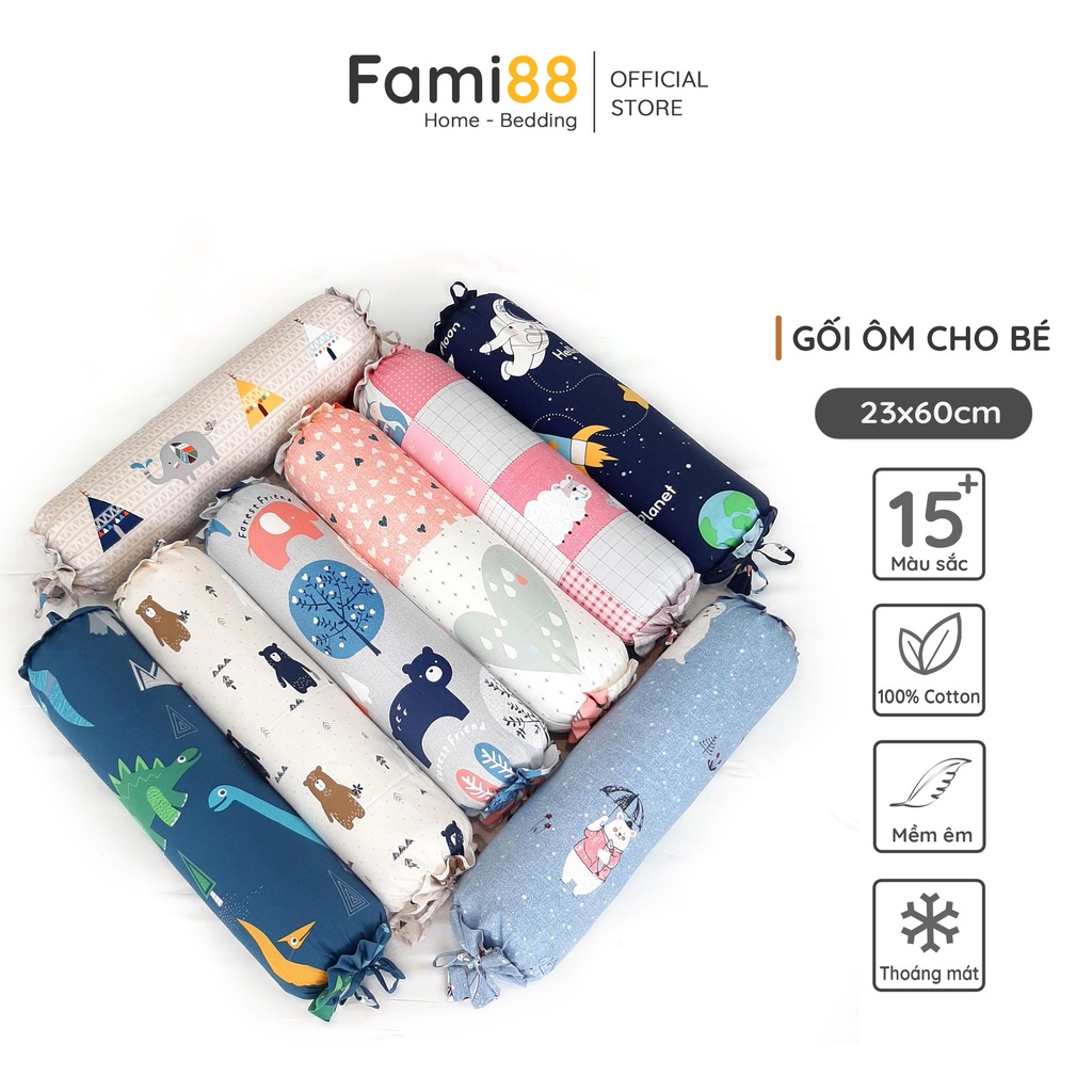 Vỏ gối ôm trẻ em cho bé trai bé gái Cotton thô lụa Hàn 23x60cm đẹp dễ thương nhiều lựa chọn, ruột gối ôm bông gòn trắng