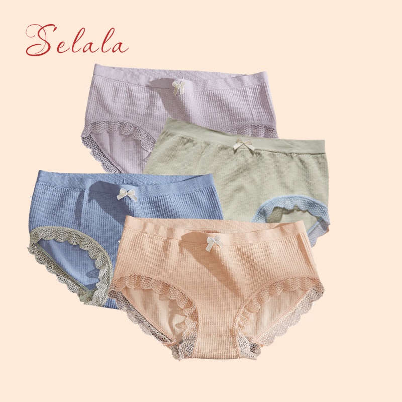 Quần Lót Nữ Selala Cotton Viền Ren Phối Nơ Thoáng Mát, Co Giãn Không Hằn QC33