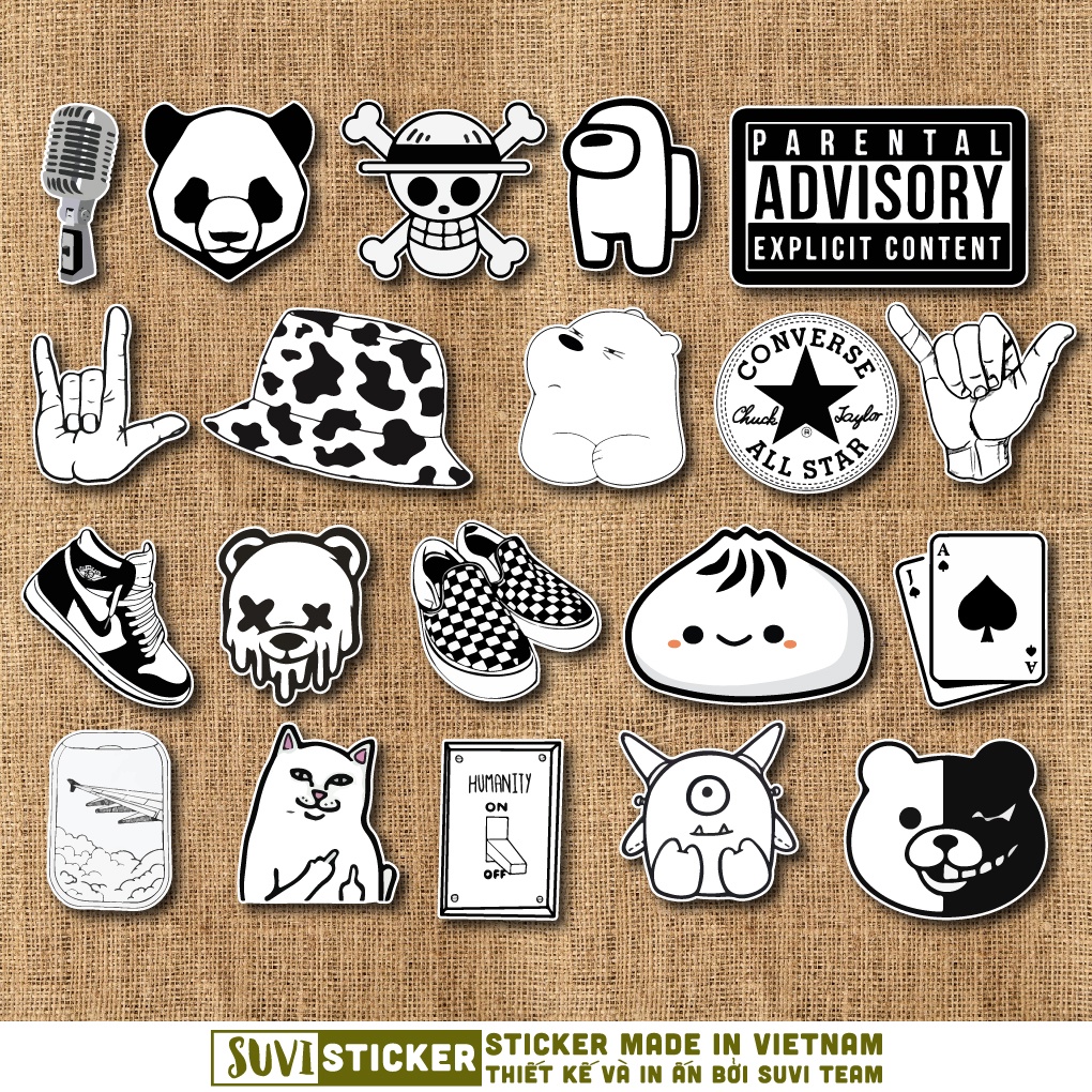 50 Sticker Black White Trắng Đen chống nước sticker dán mũ bảo hiểm, laptop, điện thoại, đàn guitar, vali. MSP: SV45