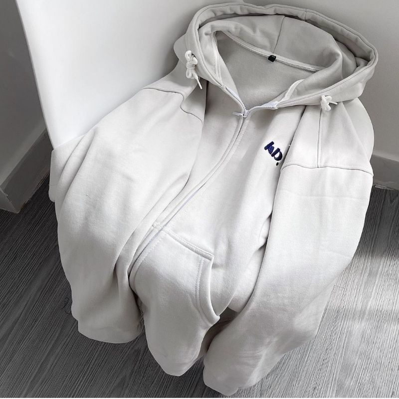 Áo khoác hoodie zip nam nữ unisex thêu HD oversize màu xám kem phong cách Ulzzang – Pamée